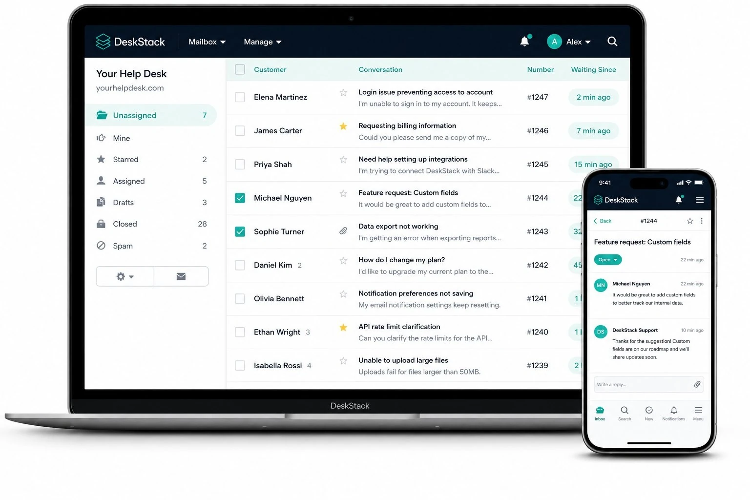 DeskStack helpdesk shown on a laptop and phone