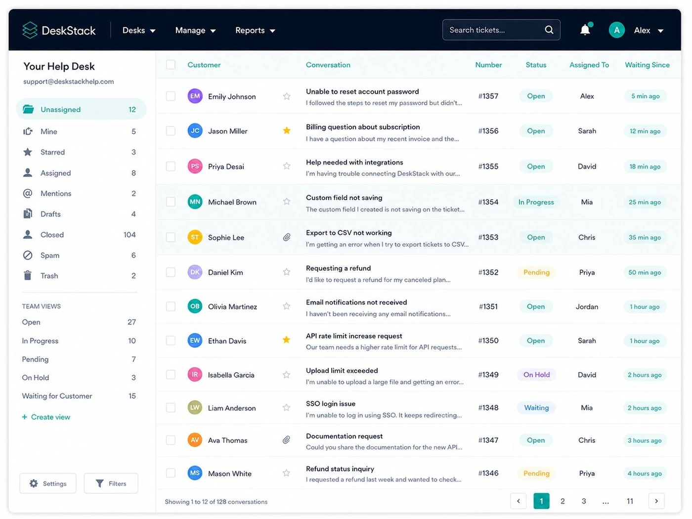 DeskStack shared inbox showing the ticket queue